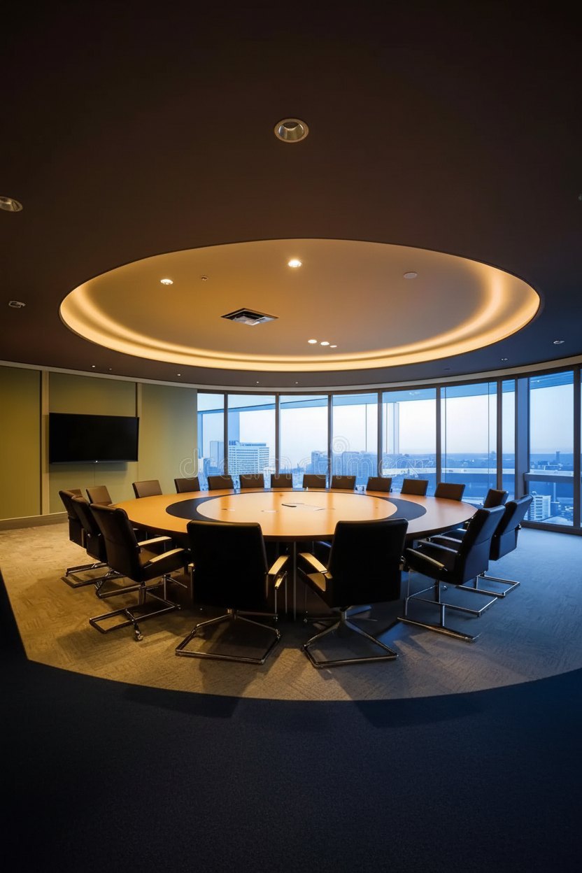 Salle de réunion avec une grande table ronde face à la ville