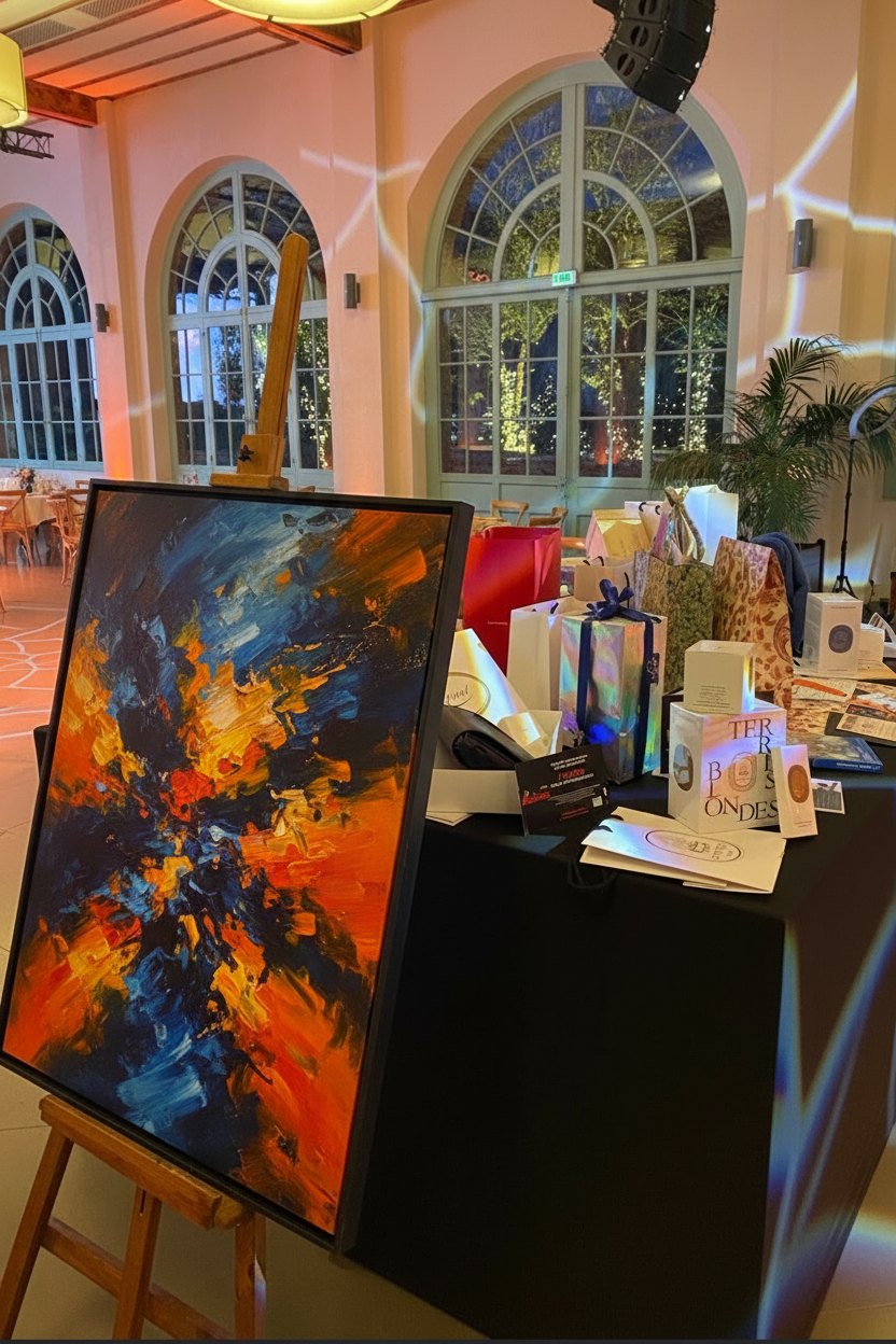 Tableau abstrait sur chevalet et lots d'une vente caritative