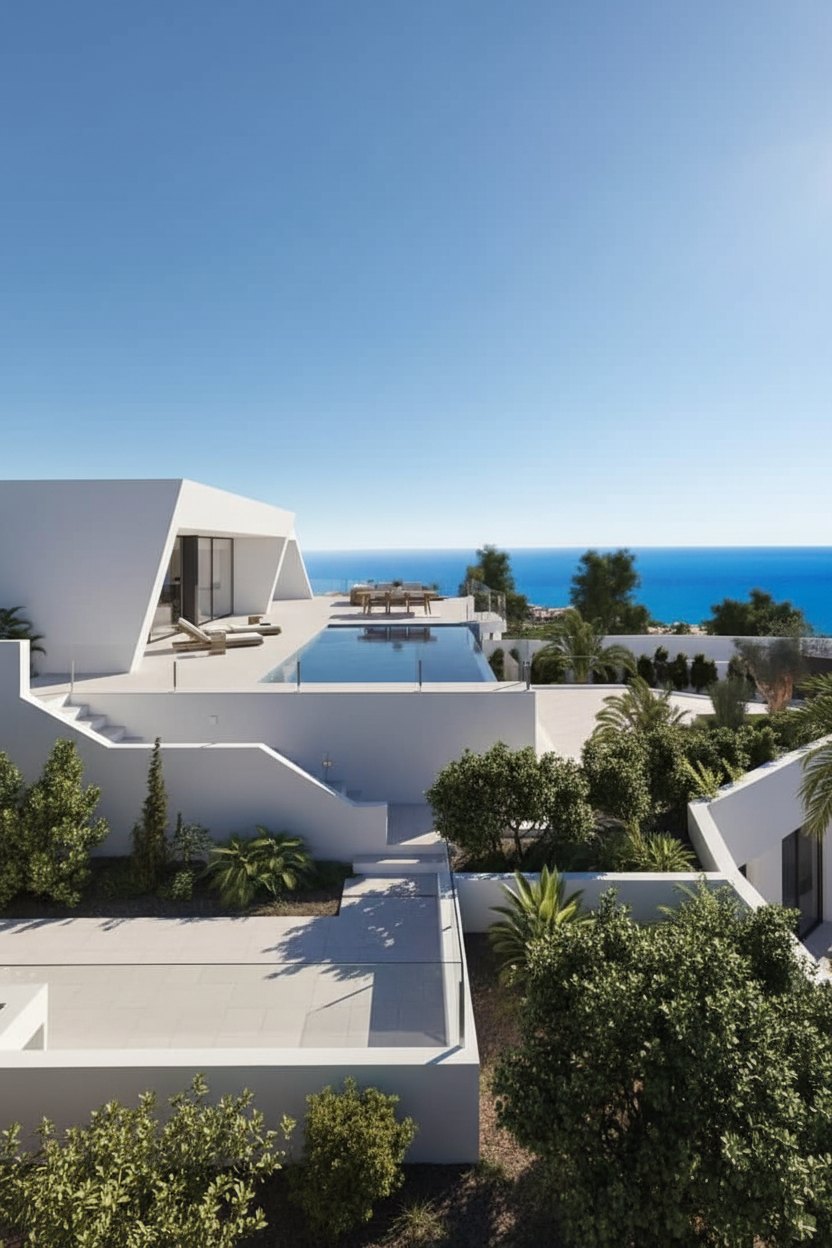 Villa contemporaine blanche avec piscine face à la mer