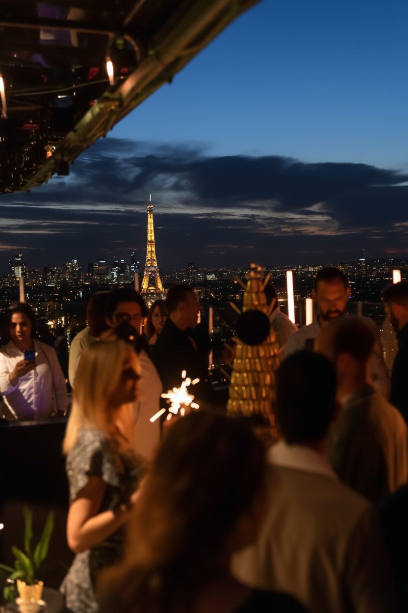 Soirée sur un rooftop de nuit, invités et tour Eiffel illuminée en arrière-plan